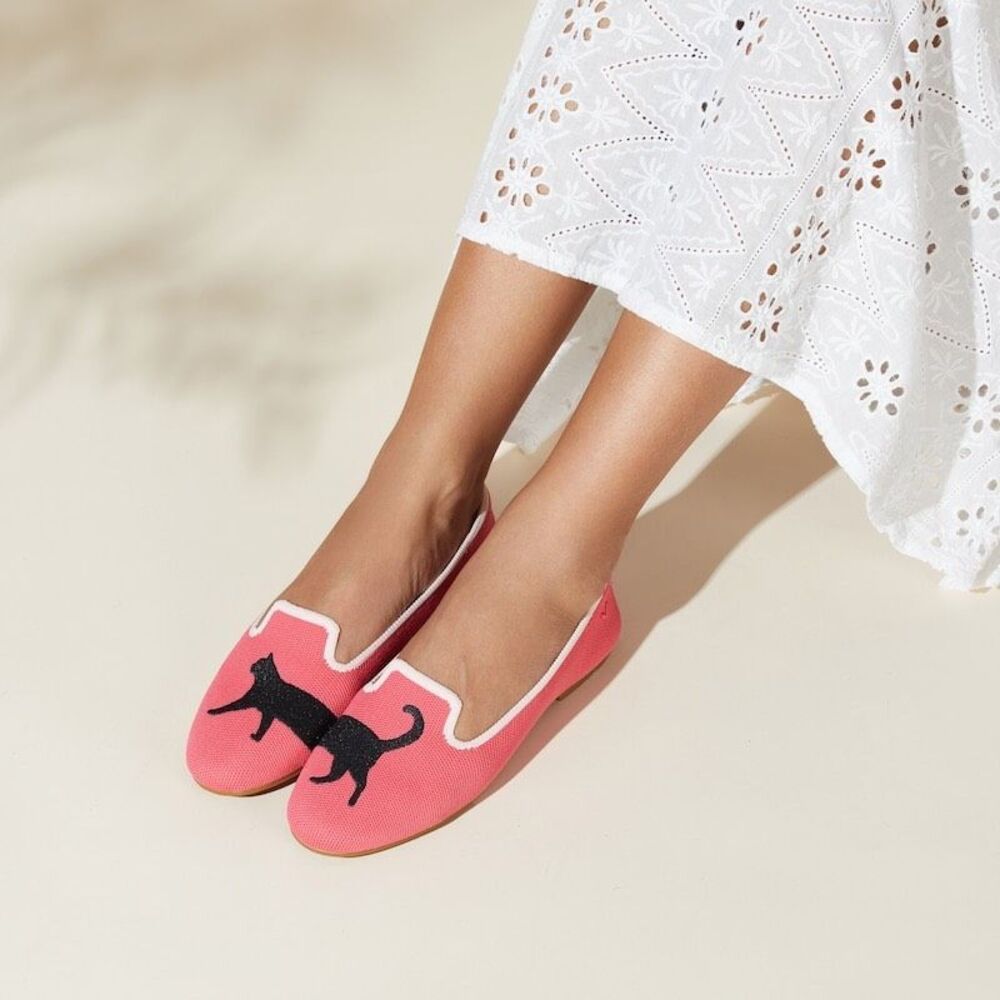 Vivaia Round-Toe Embroidered Loafers Pink Black Cat Size 38 US 7 - 7.5 - Picture 1 of 13